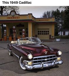 an old fashioned car parked in front of a gas station with the caption, this 1940 cadillac