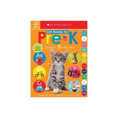 the get ready for prek jumbo workbook is shown in front of an orange background