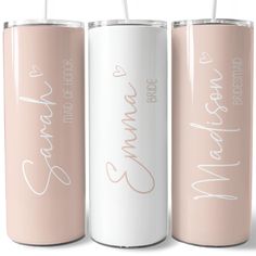 three personalized tumblers with straws in them, one pink and one white