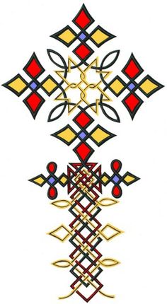 an artistic design with red, yellow and blue colors on white paper in the shape of a cross