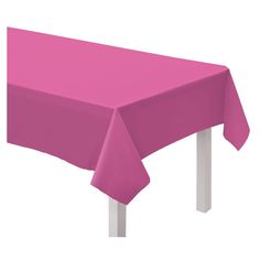 a bright pink tablecloth with white legs