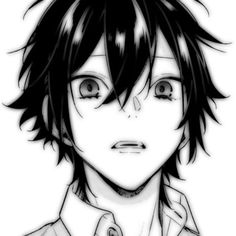 an anime character with black hair and eyes looking at the camera, while wearing a white shirt