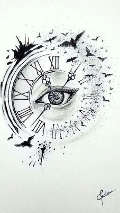 a drawing of a clock with birds flying around it and an eye in the middle