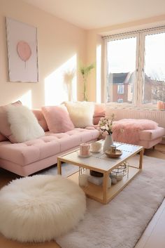 a living room with pink couches and white fur rugs on the floor in front of large windows