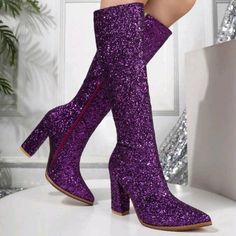 Purplehi-Heel Sequin Pointed Toe Platform Mid-Calf Boots Side-Zipper Upper Material: Sequins Lining Material: Sudette Insole Material: Sudette Outsole Material: Rubber Sparkly Boots, Purple Boots, Lavender Haze, Stage Outfit, Calf Boots, Mid Calf Boots, Platform Boots, Shoes Heels Boots, Mid Calf