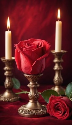 two candles and a rose on a table