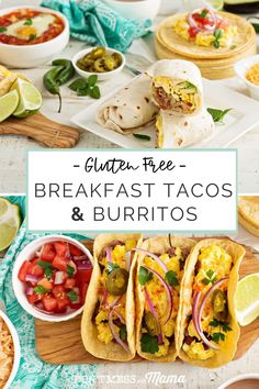 three breakfast tacos and burritos on a cutting board