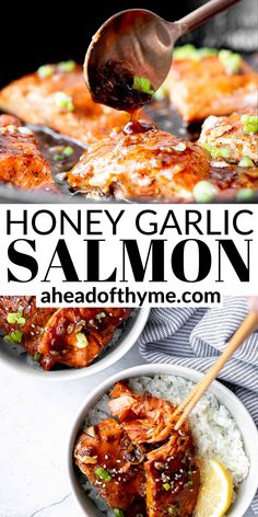 honey garlic salmon in a bowl with rice and lemon wedges