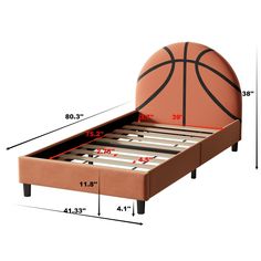 a bed with a basketball design on the headboard and foot board measurements for it