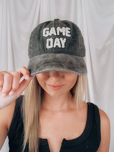 DESCRIPTION: Chenille "Game Day" Baseball Cap- One Size Fits Most- Adjustable- 100% Cotton Everyday Letter Print Snapback Hat, Game Day Hat With Letter Print And Curved Brim, Curved Brim Hat With Letter Print For Game Day, Cotton Hats For Game Day, One Size Fits Most, Game Day Cotton Hat, One Size Fits Most, Cotton Baseball Cap With Letter Print For Game Day, Cotton Hats One Size Fits Most For Game Day, Game Day Cotton Baseball Cap, Casual Snapback Hat With Letter Print For Game Day