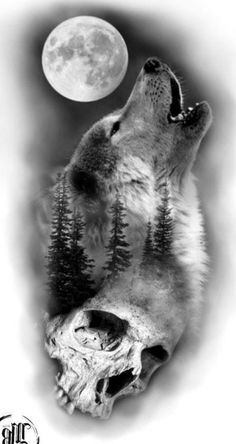 a wolf with its mouth open and the moon in the sky above it is black and white