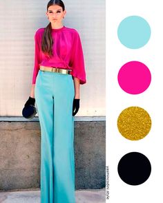 #moda #outfit #Trends #NewStyle #fashion #glamour #empowerwoman #beautiful #asesoria #asesoriadeimagen #MujerEmpoderada #color #colores #asesoradeimagen Navy And Turquoise Outfit, Pink Formal Pants Outfit, Turquoise Pants Outfit, Top Fucsia, Aqua Outfit, Teal Outfits, Bright Blue Dresses, Colour Combinations Fashion, Color Combos Outfit