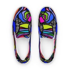 Wanna make a bold statement to set yourself apart from the crowd? Say less. A color-lover's dream, this vivid hand-drawn print will do all the talking. Wanna add even more pep to your step? Rock these sneakers with a matching top and bottom from our collection. DETAILS: Product Description: Breathable lining, soft insole Faux leather toe cap EVA rubber sole that's durable, flexible and lightweight Product Details: Original print hand-designed with by Rochelle  Custom printed with vibrant, eco-fr Casual Multicolor Sneakers With Graphic Print, Trendy Multicolor Graphic Print Sneakers, Artistic Multicolor Sneakers For Streetwear, Artistic Multicolor Sneakers For Summer, Artistic Multicolor Summer Sneakers, Artistic Multicolor Spring Sneakers, Doodle Shoes, Women Slip On Sneakers, Say Less