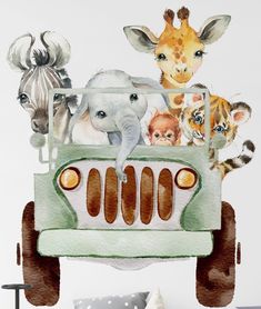 an elephant, giraffe and zebra are riding in the back of a jeep