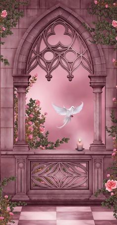 a white dove is flying over a pink wall with roses and an arch in the background