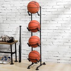 4-Tier Industrial Black Metal Pipe Indoor Outdoor Basketball, Volleyball, and Sports Ball Storage Organizer Rack-MyGift Football Storage Bedroom, Sports Ball Storage Garage, Sports Ball Storage Indoor, Display Shelves For Sports Media Room, Ball Wall Shelf, Laundry Room Sports Bag Storage, Gym Equipment Storage Basement, Gym Equipment Storage Loft, Playground Ball Storage