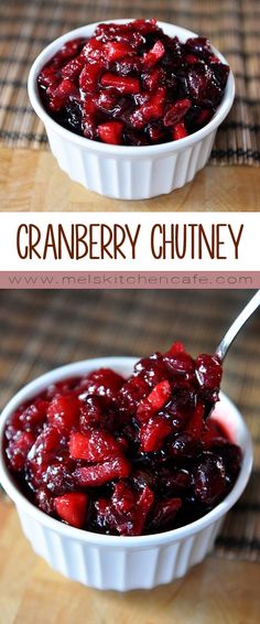 cranberry chutney in a white bowl with a spoon on the side