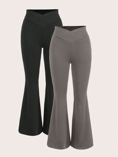 Women Simple Solid Color Bell Bottom Leggings Set, Casual For Daily Wear Grey Casual    Plain Regular High Stretch  Women Clothing, size features are:Bust: ,Length: ,Sleeve Length: Bellbotton Leggings, Bell Bottom Leggings, Flare Jeans Outfit, Bodycon Tops, Flared Leggings, Leggings Set, Fleece Sweatpants, Flare Leggings, Christmas 2024