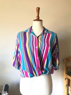 "Such a versatile piece for all genders!  Marked as size medium  Tag says \"Everblue from Triple 5\"" Button Up T Shirt, T Shirt Blouse, Black Leather Belt, Short Sleeve Button Up, Rainbow Stripes, Striped Shorts, I Dress, Day Dresses, Beautiful Dresses