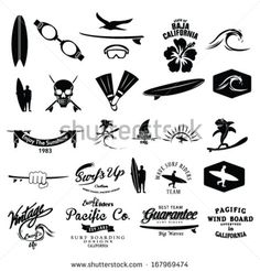 various logos and emblems for surfboards, surfing boards and other sports related items