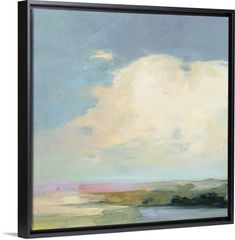 an abstract painting with clouds in the sky over water and land below it, on a black framed canvas