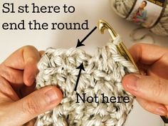 someone crocheting the stitchs on top of a white piece of yarn with words above it