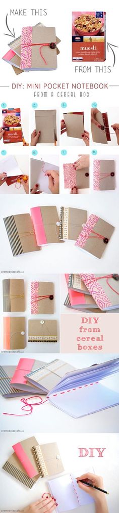 how to make a diy mini pocket notebook from a cereal box - step by step instructions