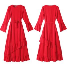 Classic Layered Ruffled Dress_5 Flowy Belted Maxi Dress For Party, Chiffon Belted Dress For Party, Flowy Long Sleeve Belted Dresses, Elegant Belted Chiffon Dresses, Elegant Chiffon Belted Dresses, Formal Long Sleeve Chiffon Dress With Ruffles, Chiffon Long Sleeve Dress With Ruffle Hem, Long Sleeve Chiffon Dress With Ruffle Hem For Party, Red Chiffon Dress With Ruffle Hem