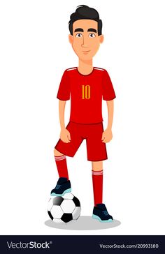 a cartoon soccer player standing with his foot on the ball and ready to kick it