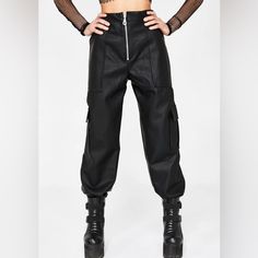 Nwt, Only Tried On. Black Pleather/Vegan Leather Cargo Joggers With Front Zipper. Love Them But Too Long On Me. Edgy Faux Leather Bottoms With Pockets, Black Leather Pants For Alternative Fashion In Fall, Edgy Faux Leather Streetwear Pants, Edgy Faux Leather Pants For Streetwear, Alternative Style Black Faux Leather Bottoms, Black Faux Leather Alternative Bottoms, Alternative Style Bottoms With Zipper For Fall, Alternative Style Bottoms With Zipper Closure For Fall, Edgy Fitted Cargo Pants For Fall