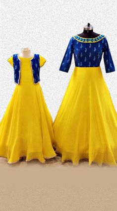 Yellow And Blue Georgette Mother Daughter Combo Blue Designer Sets With Handwork, Fitted Blue Sets With Handwork, Blue Handwork Sets For Festive Occasions, Festive Blue Handwork Sets, Yellow Long Frocks, Mother And Daughter Combo Dress, Mommy Daughter Dresses, Mom Daughter Matching Dresses, Plain Kurta