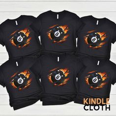 six t - shirts with the image of a billiard ball on it in flames