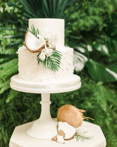 a white wedding cake with coconuts and flowers on the top is surrounded by greenery