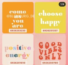 four square stickers with different font and numbers on them, all in different colors