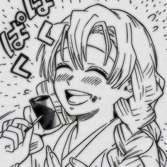 a black and white drawing of a woman talking on a cell phone with coffee in her hand