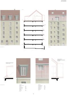 four different views of an apartment building with windows and balconies on the second floor