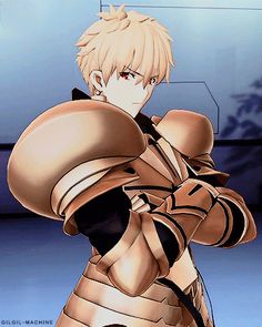 an anime character with blonde hair and armor