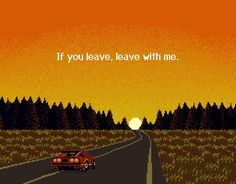 an old video game with a car driving down the road in front of a sunset