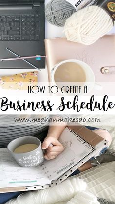 a woman sitting at a desk with her laptop, coffee and crochet on it