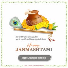 happy janmash greeting card with peacock and pot full of flowers on white background