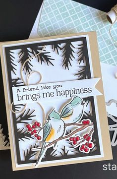 a card with two birds sitting on a branch and the words, friends like you brings me happiness