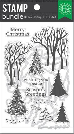 stamp set featuring trees and snow with merry christmas wishes on the bottom, in black and white