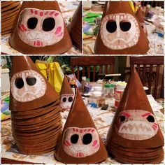 several pictures of clay pots with faces on them