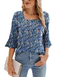 PRICES MAY VARY. [Material]: Poetsky Womens 3/4 sleeve tops and blouses are Soft and stretchy, breathable, comfortable to wear, not see throught, not clingy. [Features]: Solid Color and Pretty Floral Print Style, Trendy Square neck shirts for women, 3/4 Ruffle sleeves womens tops, Loose Casual Tunic Tops, Long enough flowy hem to hide belly and hips, All year around cute tops. [Match]: This womens 3/4 Sleeve T Shirt is basic and stylish, can match with jeans, leggings, shorts, skirts and sweatpa Bell Sleeve Shirt, Fitted Tunic, Tunic Tops Casual, Womens Casual, Boho Casual, Tunic Blouse, Boho Women, Boho Floral, Amazon Women