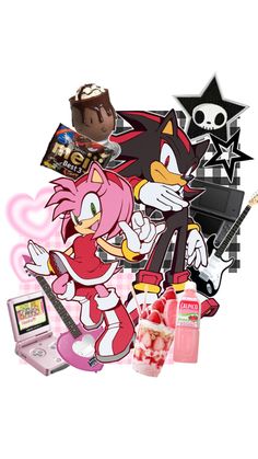 an assortment of cartoon characters including sonic the hedgehog, pinky and other items