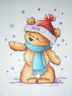 a drawing of a teddy bear wearing a scarf and hat with snow falling around it