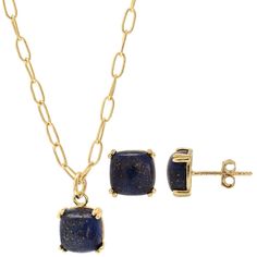 This lapis lazuli stud earrings and necklace set by Gemistry is a stunning addition to your jewelry collection. This lapis lazuli stud earrings and necklace set by Gemistry is a stunning addition to your jewelry collection. Nickel free Metal: sterling silver Chain length: 18 in. + 2-in. extender Backings: post Includes: one pair of earrings and one necklace Packaging: velvety pouch Plating: 14k gold flash plated Finish: polished Earring diameter: 7 mm x 7 mm Chain type: paper clipSTONE DETAILS S Formal Yellow Gold Jewelry With Lapis Lazuli, Formal Yellow Gold Lapis Lazuli Jewelry, Yellow Gold Lapis Lazuli Cabochon Jewelry, Blue 14k Gold Dangle Jewelry, Blue Gold-plated Jewelry With Matching Earrings, Formal 14k Gold Jewelry With Natural Stones, Fine Jewelry Sapphire Cabochon, Sapphire Cabochon Fine Jewelry, Gold Sterling Silver Jewelry With Cabochon