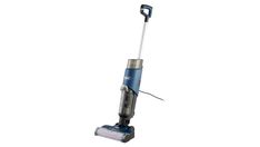 a blue and silver vacuum on a white background