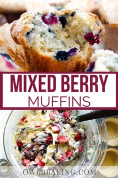 mixed berry muffins in a glass bowl with blueberries and strawberries