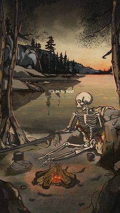 a skeleton sitting next to a campfire in the woods